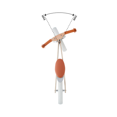 Bicicleta infantil vista de cima com punhos e selim castanhos, estrutura bege e ajuste de corrimão.