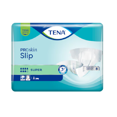 Pacote de fraldas TENA PROskin Slip Super azul e verde com texto e imagem da fralda