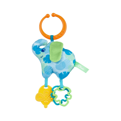 Brinquedo pendente em forma de elefante azul com orelhas verdes e acessórios coloridos