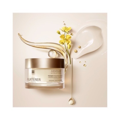 Frasco creme René Furterer Absolue Kératine com gotas e flor amarela