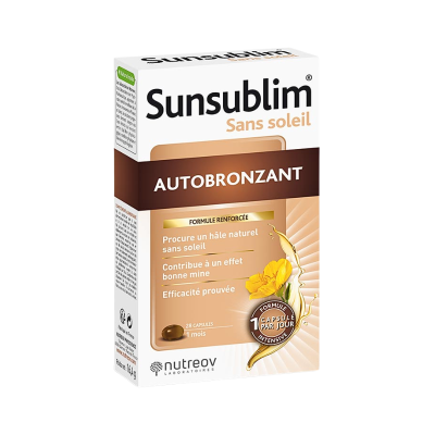 Caixa de suplemento autobronzeador Sunsublim em branco e bege