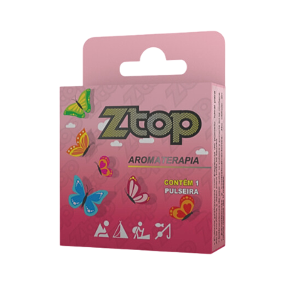 Caixa cor-de-rosa com borboletas coloridas e texto sobre pulseira de aromaterapia