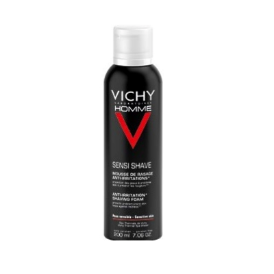 Frasco preto de espuma de barbear Vichy Homme Sensi Shave com tampa branca