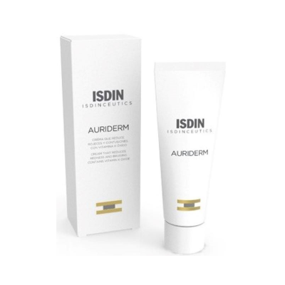 Frasco e caixa de creme ISDIN Auriderm em fundo branco