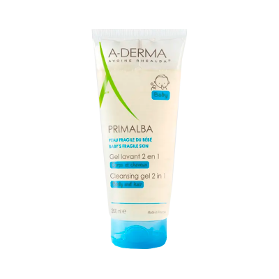 Gel de limpeza 2 em 1 A-DERMA PRIMALBA para bebé com tampa azul