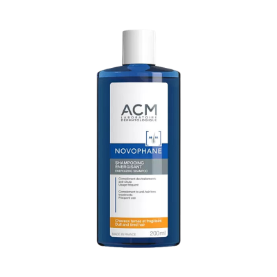 Frasco de champô energizante ACM Novophane azul e branco, 200 ml