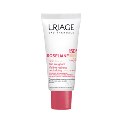 Tubo branco com tampa rosa do creme Uriage Roseliane SPF 50+