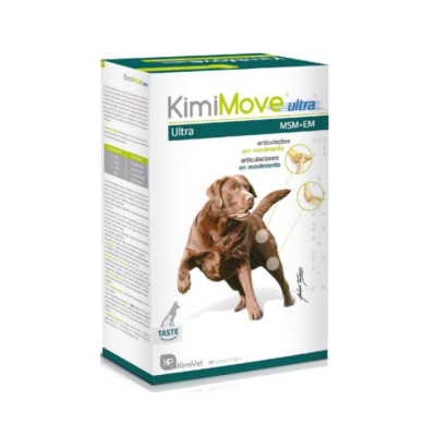 Embalagem do suplemento KimiMove ultra para articulações de cães, com imagem de cão castanho e texto em português.