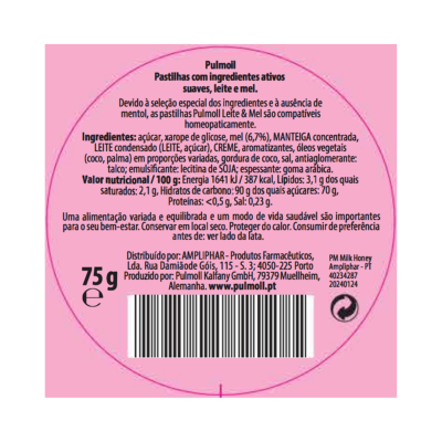 Etiqueta cor rosa de pastilhas Pulmoill com informação nutricional e ingredientes.