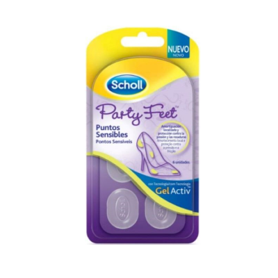 Embalagem Scholl Party Feet Puntos Sensibles com almofadas de gel para conforto nos pés.