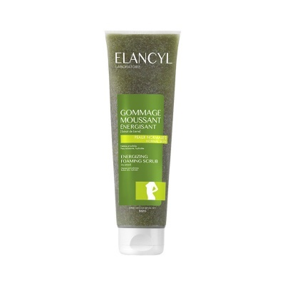 Tubo de creme exfoliante verde com texto branco e verde da marca Elancyl