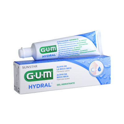 Gel hidratante GUM Hydral para alívio de boca seca, embalagem branca e azul com texto em português.