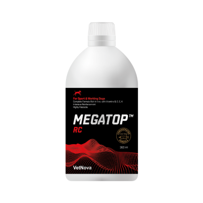 Frasco branco com rótulo preto e gráfico vermelho para suplemento canino Megatop RC 360 ml
