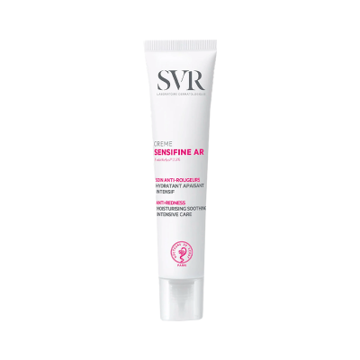 Tubo branco de creme SVR SENSIFINE AR com texto em rosa e preto