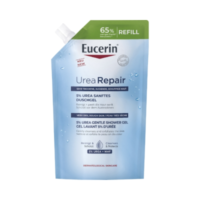 Embalagem recarga gel de duche Eucerin Urea Repair azul clara com tampa branca