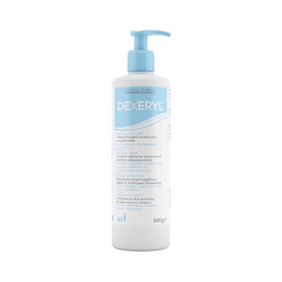 Frasco branco com doseador azul claro de creme emoliente DEXERYL 500g