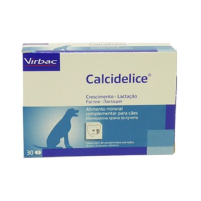 Caixa de comprimidos Calcidelice para cães, cores creme e azul, com texto e imagem de cão