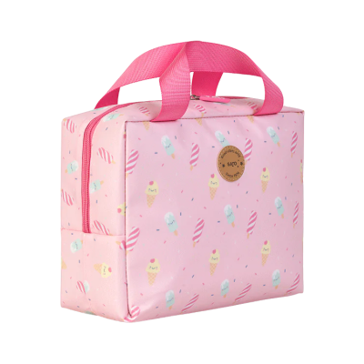 Bolsa térmica rosa com padrão de gelados e alças cor-de-rosa