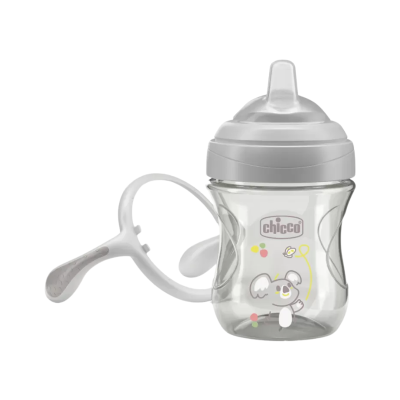 biberão infantil transparente com alça e desenho de coala