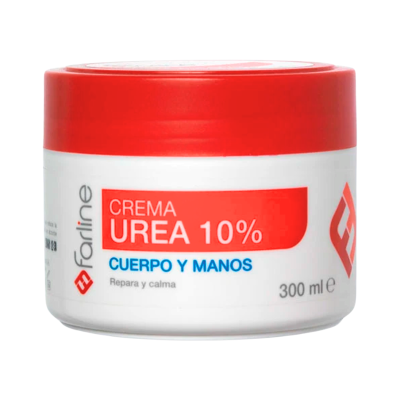 Frasco branco de creme com tampa vermelha e rótulo com texto em vermelho, azul e cinza