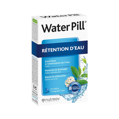 Embalagem de comprimidos Water Pill retenção de água azul e branca com plantas e gotas de água