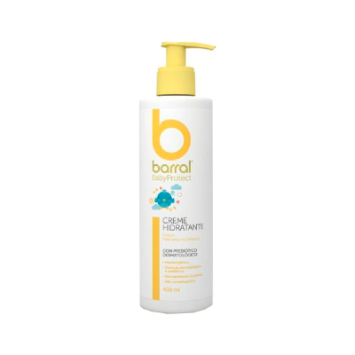 Frasco branco com doseador amarelo de creme hidratante Barral BabyProtect
