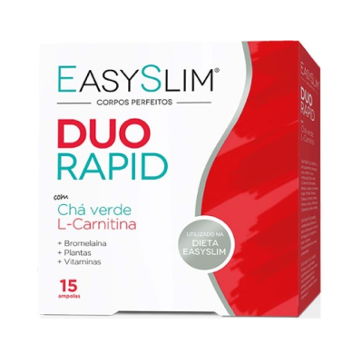 Embalagem EasySlim Duo Rapid branca e vermelha com texto colorido