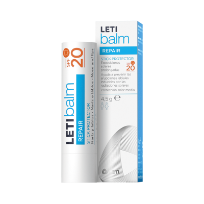 Protetor solar em stick LETI balm REPAIR SPF 20 com embalagem branca e azul