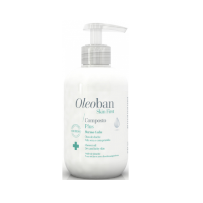 Frasco branco de óleo de duche Oleoban Skin First Composto Plus com bomba doseadora.