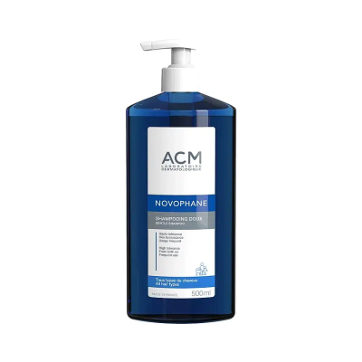 Frasco azul de champô ACM Novophane com tampa de bomba branca