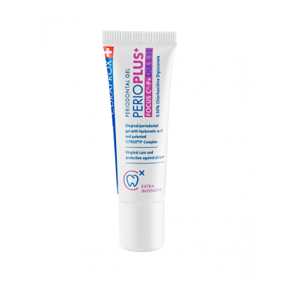 Embalagem branca de gel periodontal Perioplus+ Focus com texto colorido e símbolo de dente