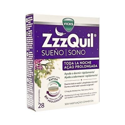 Embalagem roxa e branca de comprimidos Vicks ZzzQuil Sono com texto em espanhol e português.