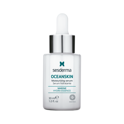 Frasco branco com tampo prateado e conta-gotas de sérum OCEANSKIN da Sesderma