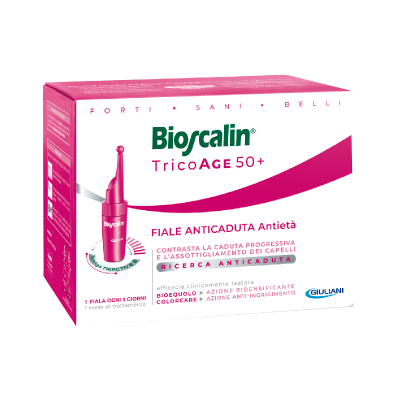 Embalagem Bioscalin TricoAGE 50+ rosa e branca com texto italiano para tratamento capilar