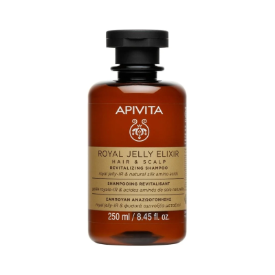 Frasco castanho de shampoo APIVITA Royal Jelly Elixir 250 ml com rótulo bege e tampa preta