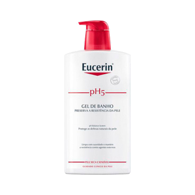Frasco de gel de banho Eucerin pH5 branco com tampa vermelha