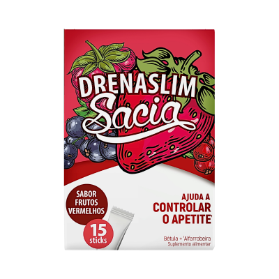 Embalagem Drenaslim Sacia suplemento alimentar sabor frutos vermelhos com frutas vermelhas ilustradas