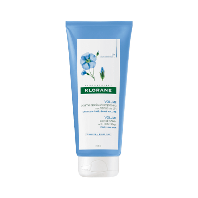 Condicionador Klorane Volume azul claro com flor de linho e texto em branco