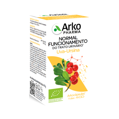 Embalagem branca de suplemento Arko Pharma Uva-Ursina para trato urinário com frutos vermelhos e selo biológico