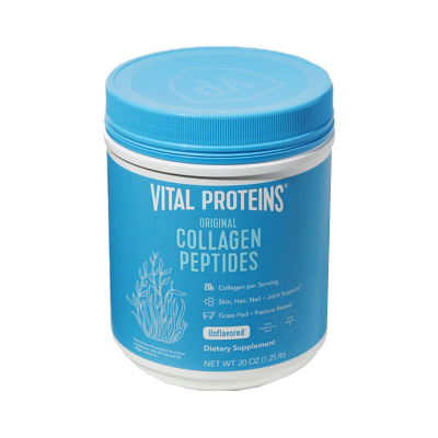 Frasco de suplemento Vital Proteins Collagen Peptides azul e branco