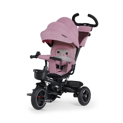 Triciclo infantil em metal preto com assento rosa acolchoado e capota