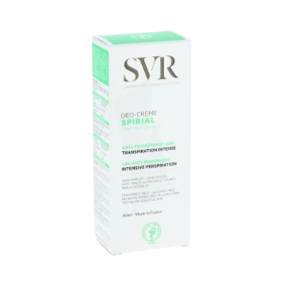 Embalagem branca e verde de desodorizante antitranspirante crema SVR DEO-CREME SPIRIAL