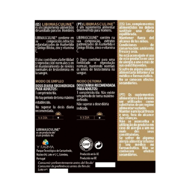 Embalagem do suplemento alimentar LIBIMASCULINE com texto informativo em português e espanhol.