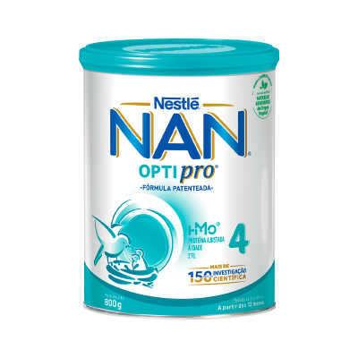 Lata de leite NAN OPTIPRO 4 da Nestlé com 800g, embalagem branca e azul