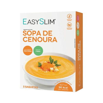 Embalagem EasySlim sopa de cenoura com imagem da sopa numa tigela e texto em português.