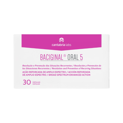 Embalagem de Baciginal Oral 5, cápsulas, 30 unidades, Cantabria Labs, branco e rosa.