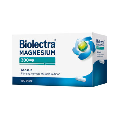 Embalagem de Biolectra Magnesium 300 mg com cápsulas e texto em alemão
