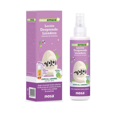 Frasco spray e embalagem do produto Loción Desprende Liendres da nosa ATTACK em lilás e branco