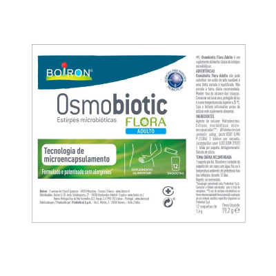 Rótulo de suplemento alimentar Osmobiotic Flora Adulto Boiron com detalhes técnicos e instruções em português