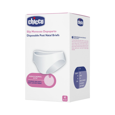 Caixa branca de cuecas descartáveis pós-parto Chicco com ilustração do produto